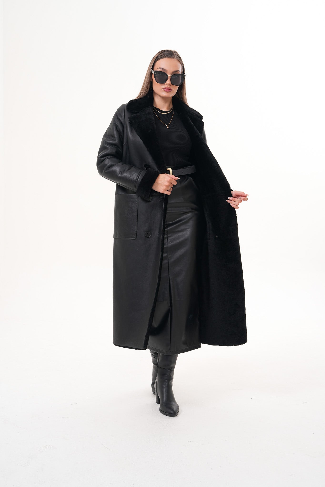 The Raven Long Shearling Black Leather Leather Jacket - Vinci Leather
