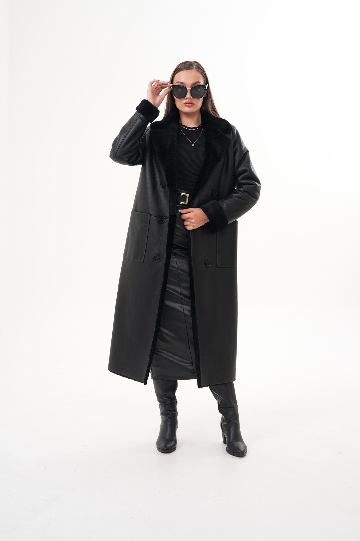 The Raven Long Shearling Black Leather Leather Jacket - Vinci Leather