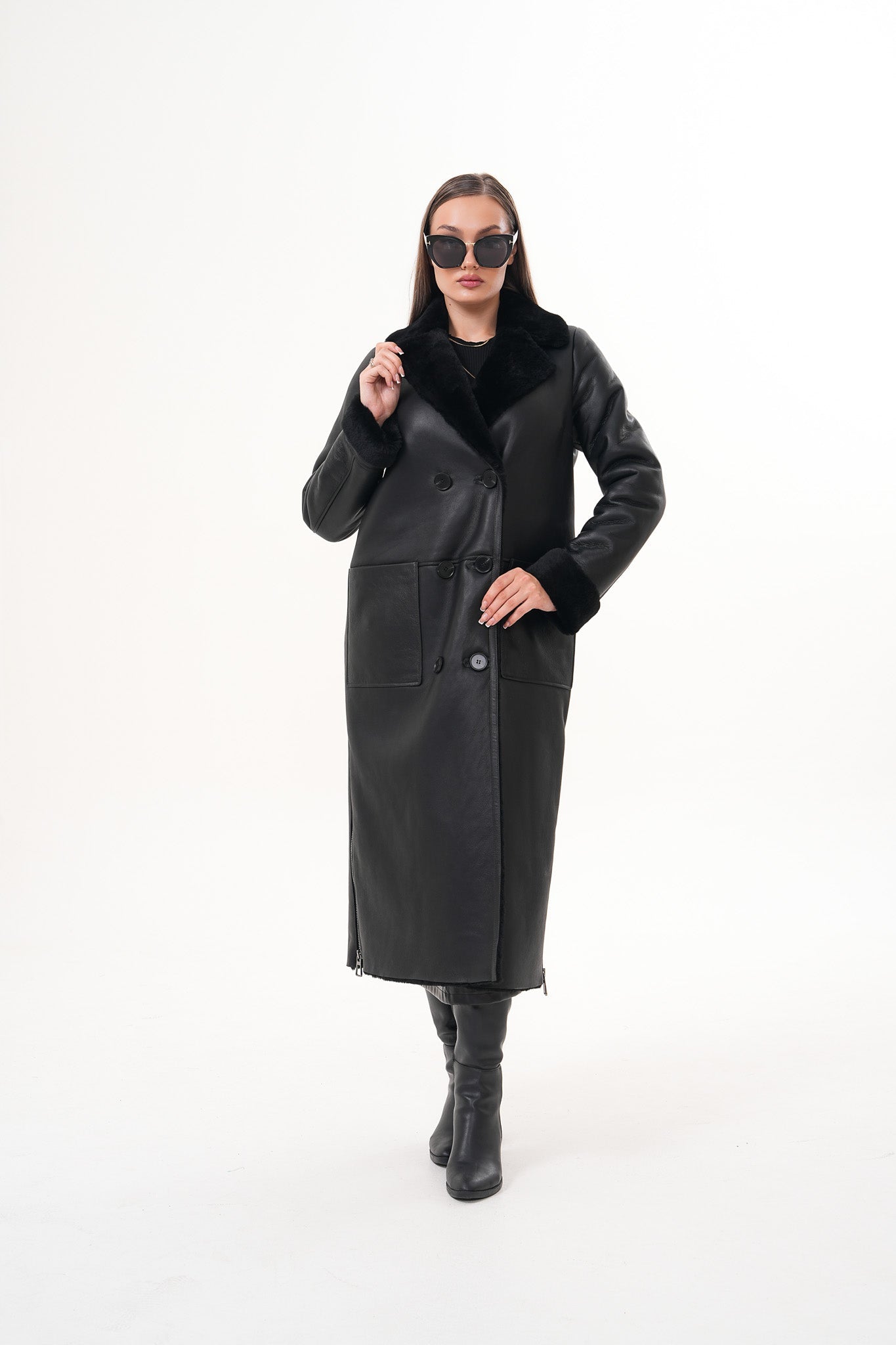 The Raven Long Shearling Black Leather Leather Jacket - Vinci Leather
