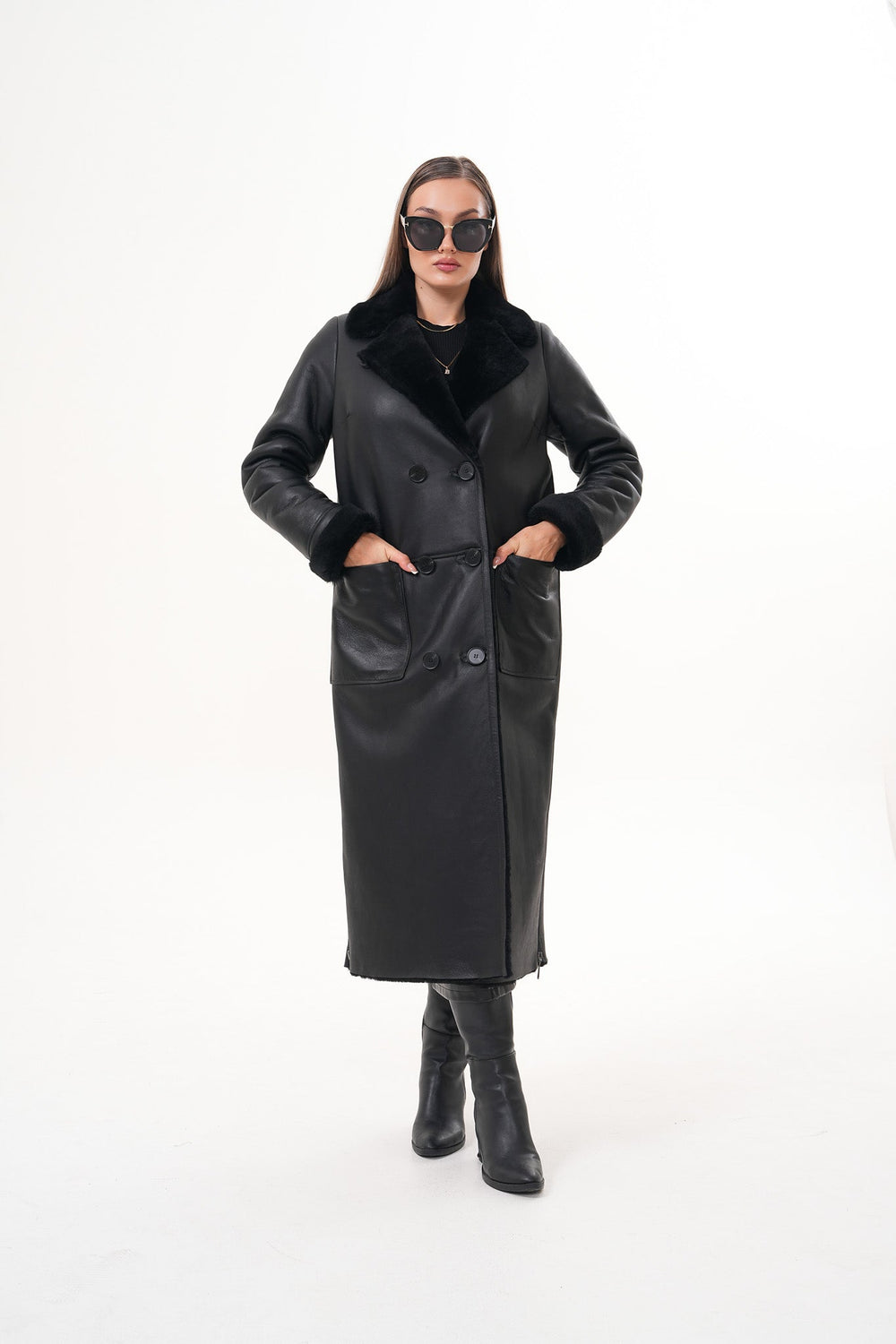 The Raven Long Shearling Black Leather Leather Jacket - Vinci Leather