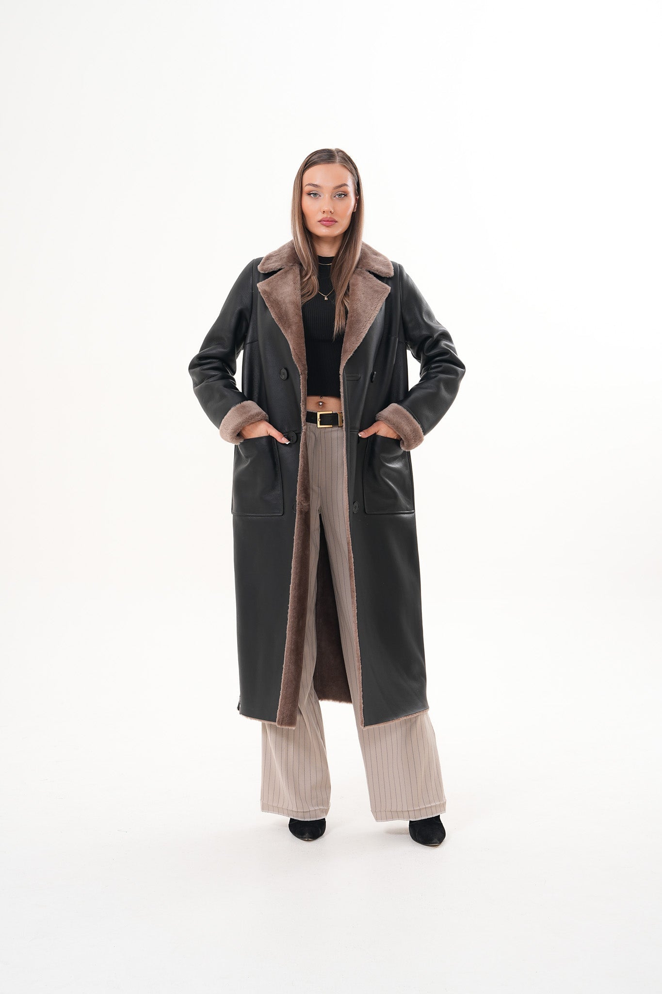The Florence Long Shearling Black Leather Jacket - Vinci Leather