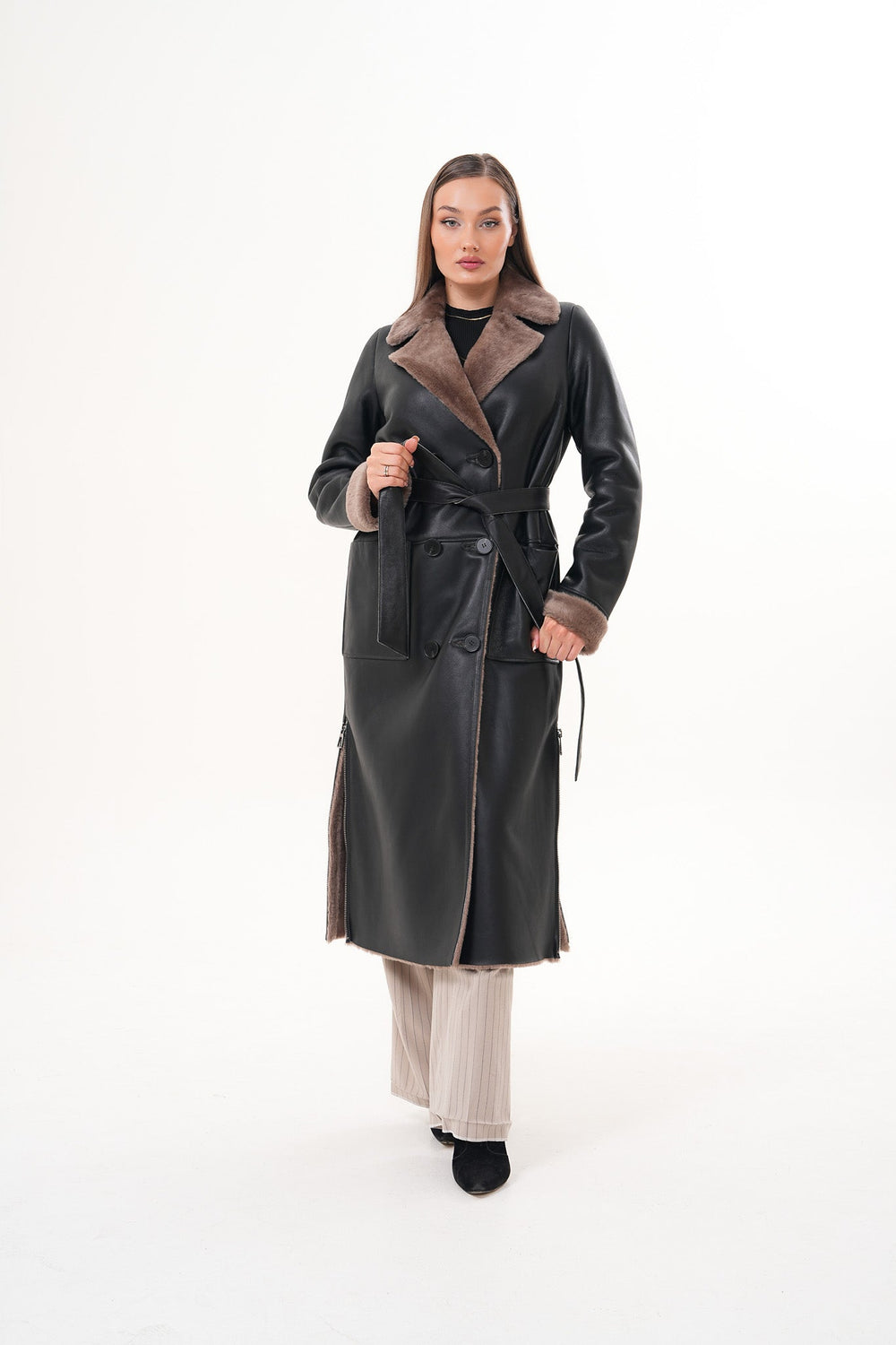 The Florence Long Shearling Black Leather Jacket - Vinci Leather