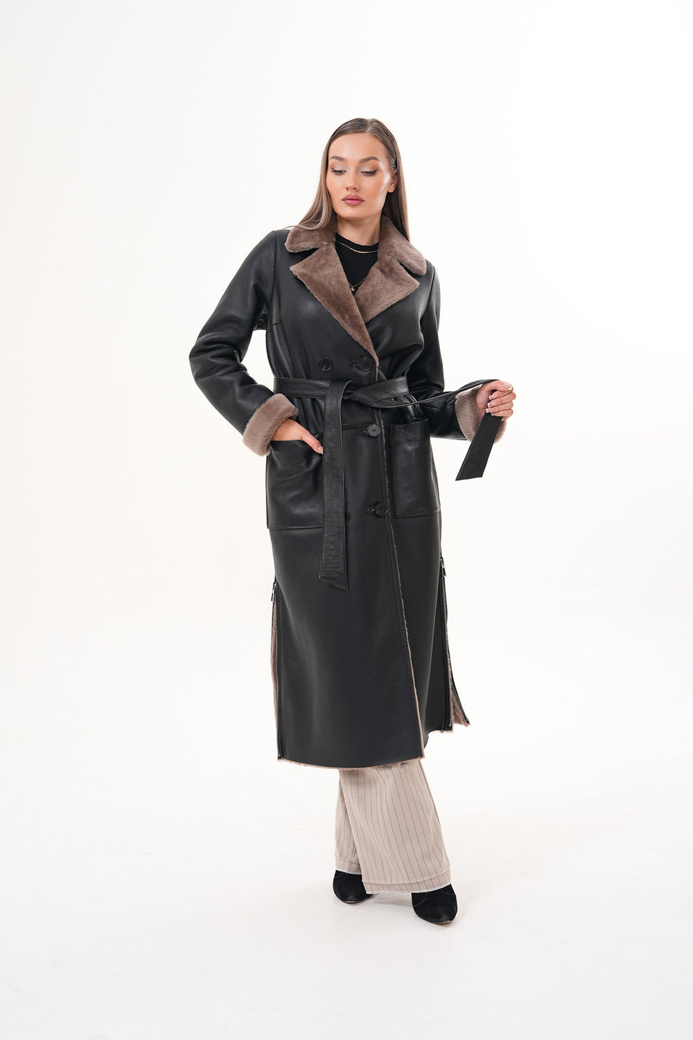 The Florence Long Shearling Black Leather Jacket - Vinci Leather