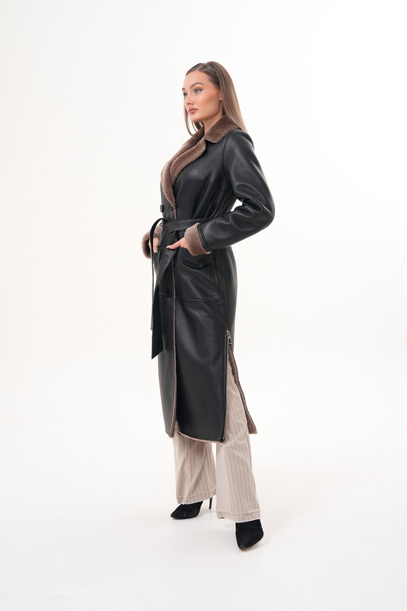 The Florence Long Shearling Black Leather Jacket - Vinci Leather