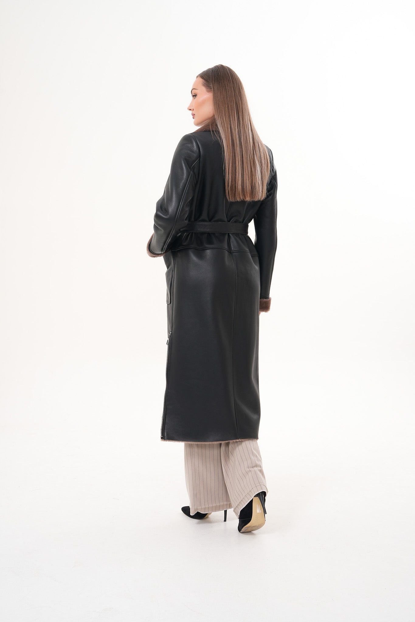 The Florence Long Shearling Black Leather Jacket - Vinci Leather