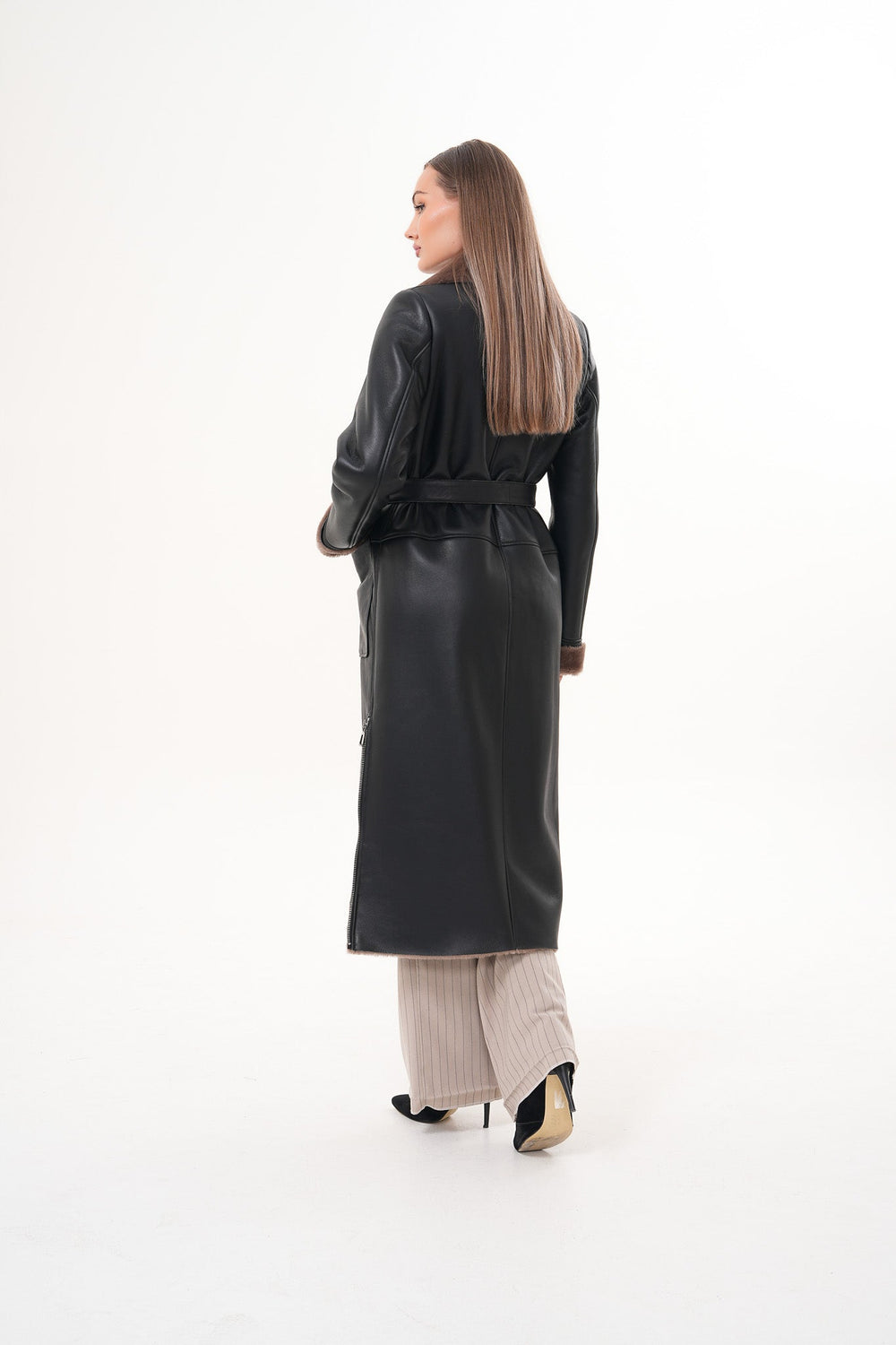The Florence Long Shearling Black Leather Jacket - Vinci Leather