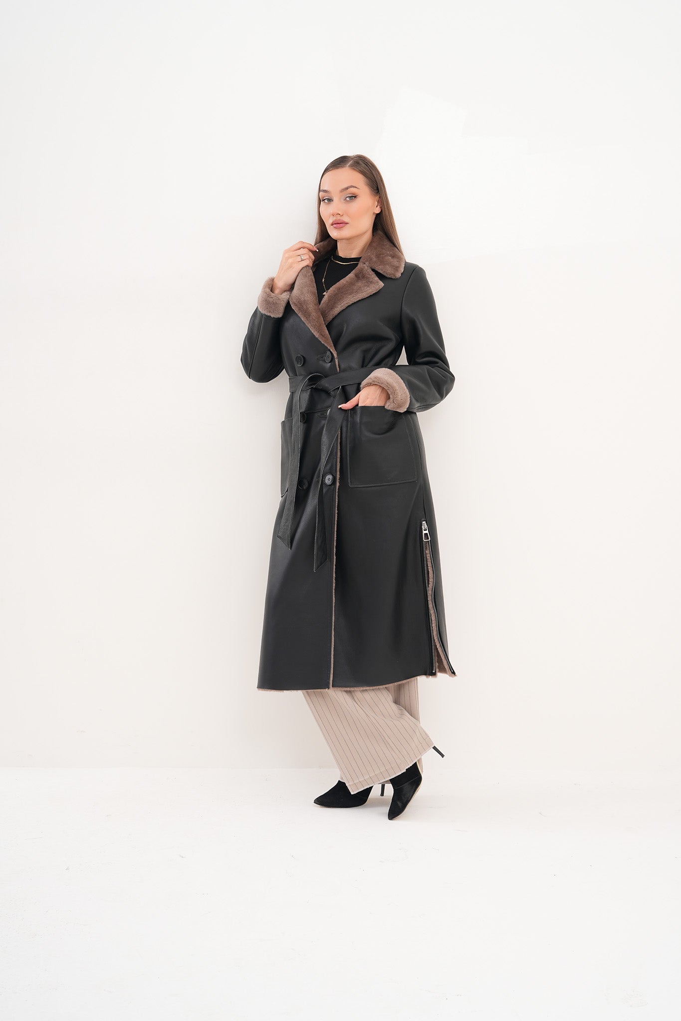 The Florence Long Shearling Black Leather Jacket - Vinci Leather