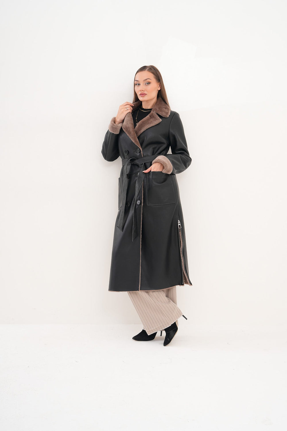 The Florence Long Shearling Black Leather Jacket - Vinci Leather
