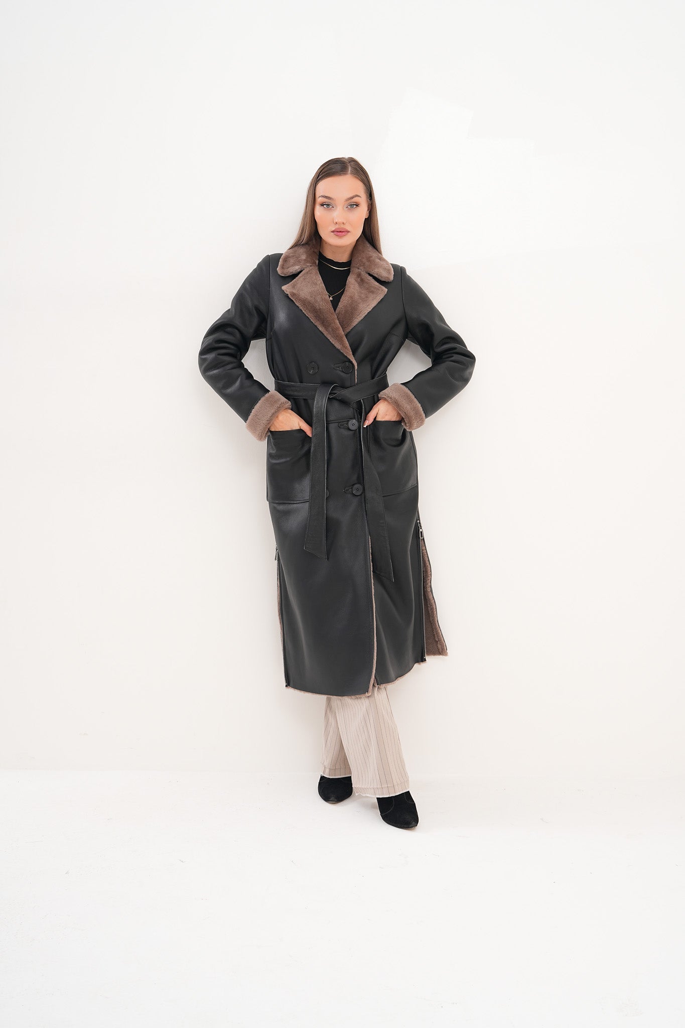 The Florence Long Shearling Black Leather Jacket - Vinci Leather