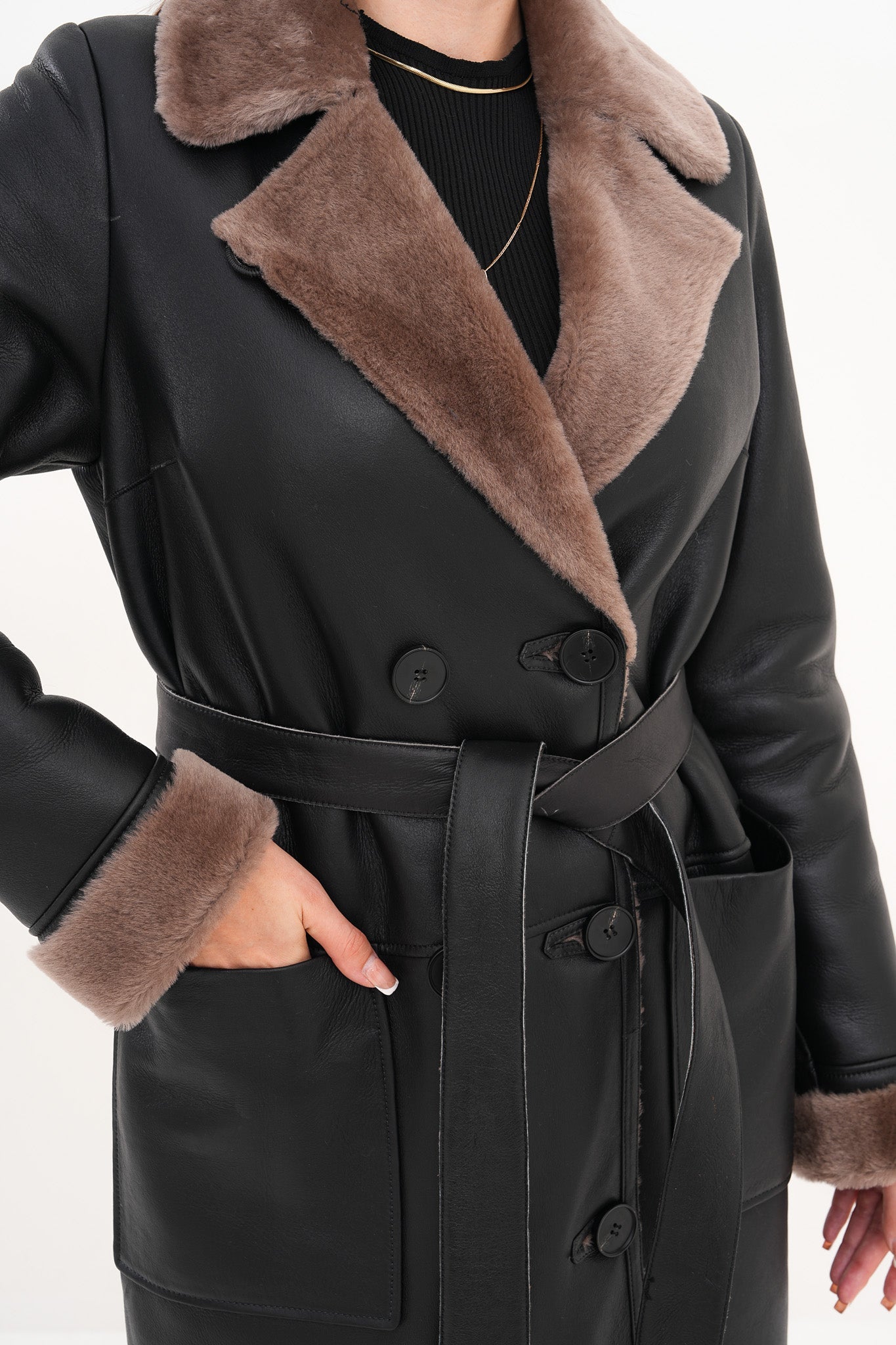 The Florence Long Shearling Black Leather Jacket - Vinci Leather
