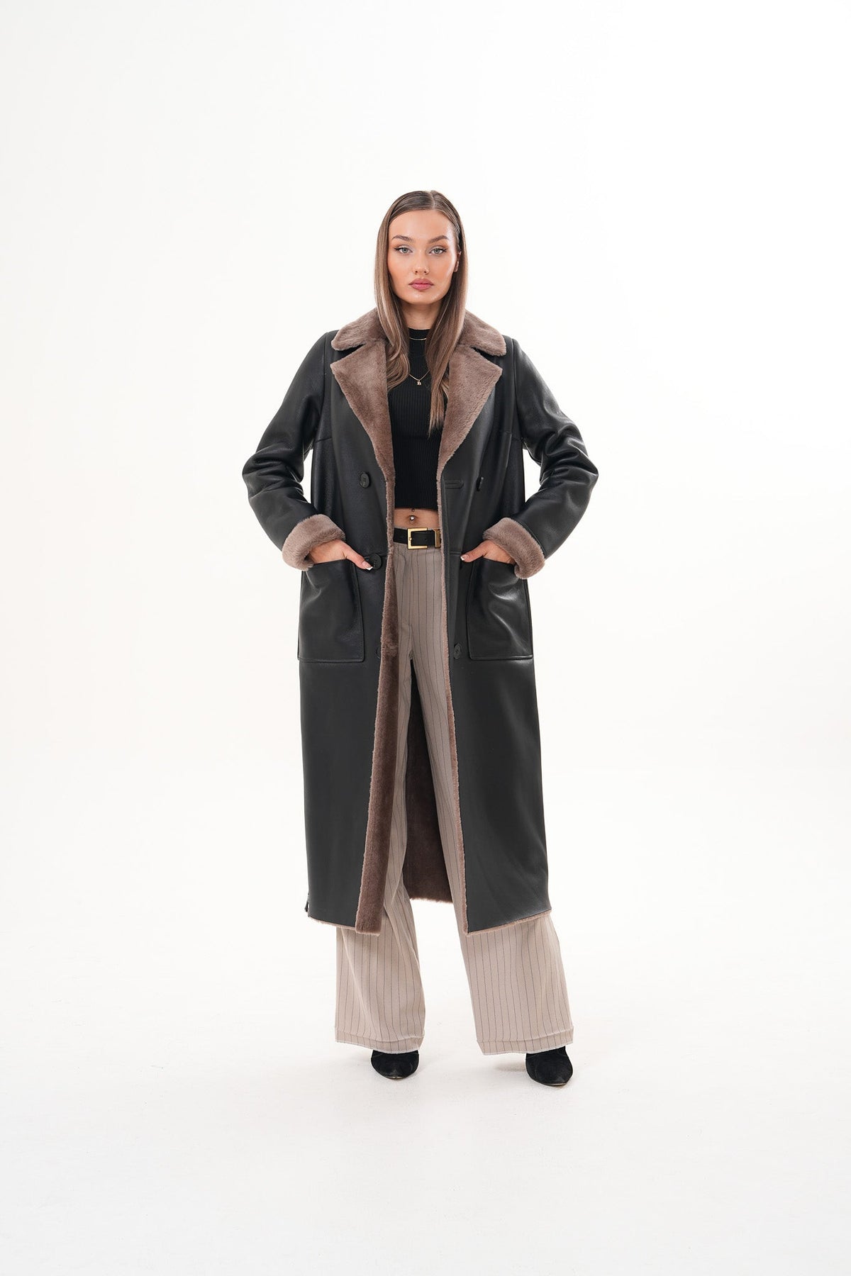The Florence Long Shearling Black Leather Jacket - Vinci Leather
