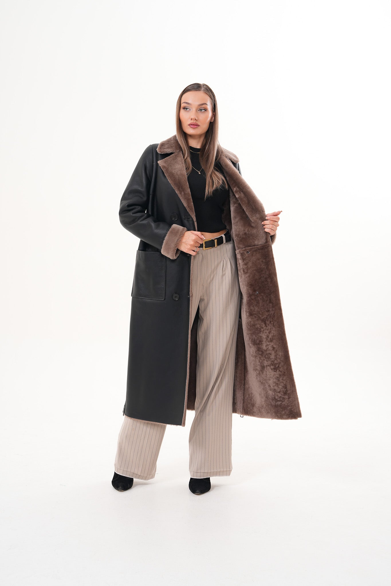 The Florence Long Shearling Black Leather Jacket - Vinci Leather