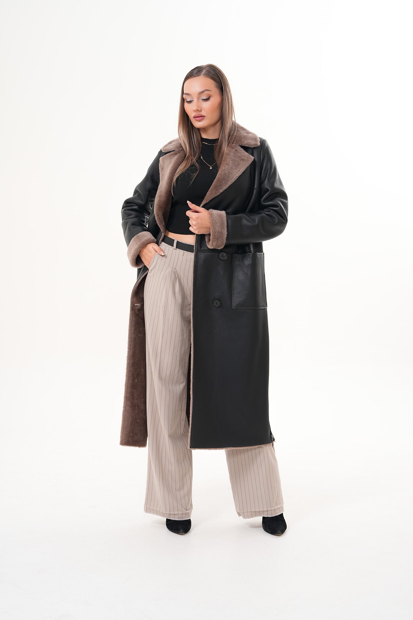 The Florence Long Shearling Black Leather Jacket - Vinci Leather