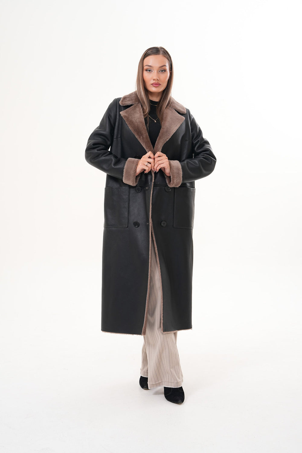 The Florence Long Shearling Black Leather Jacket - Vinci Leather
