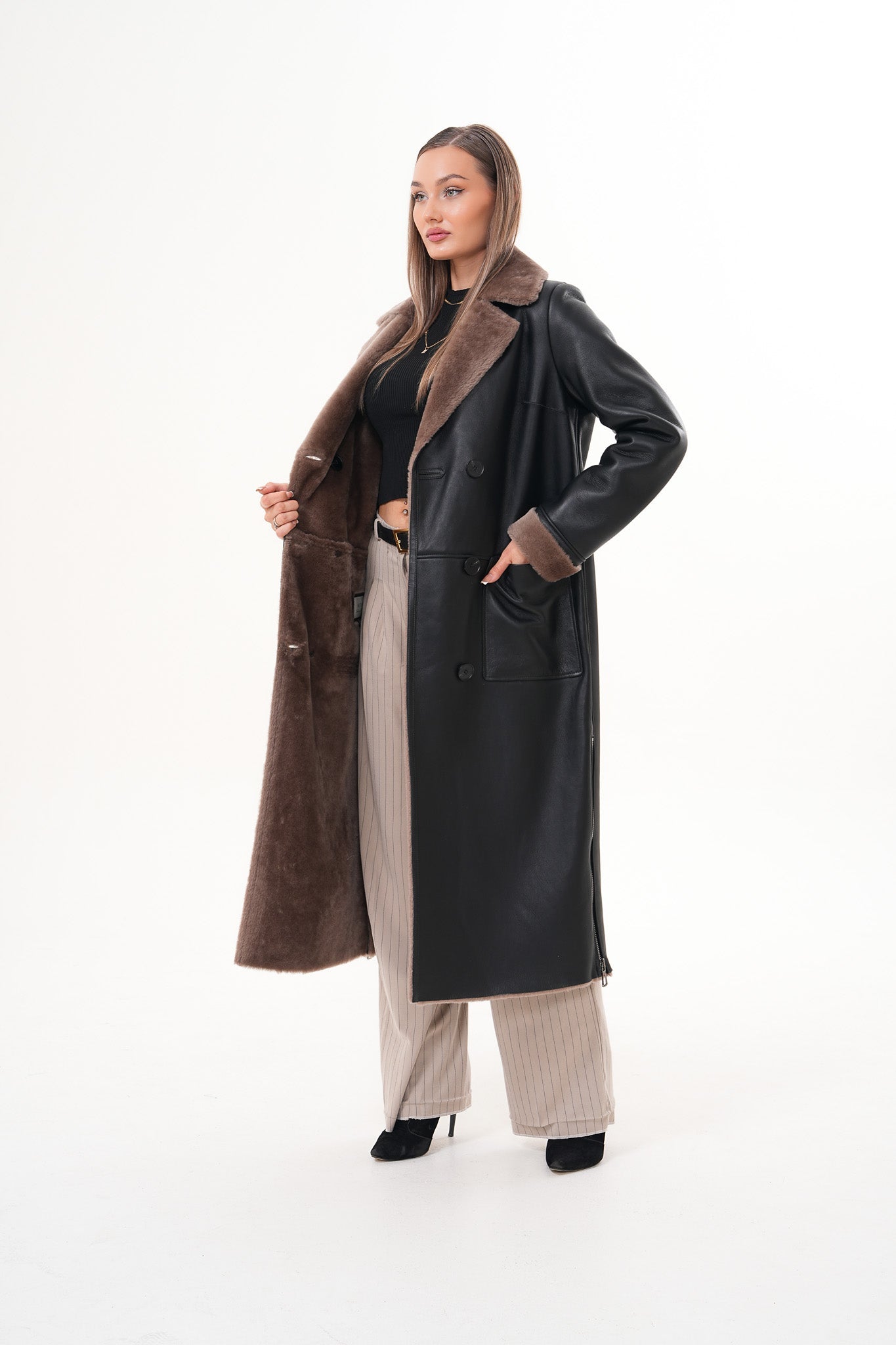The Florence Long Shearling Black Leather Jacket - Vinci Leather