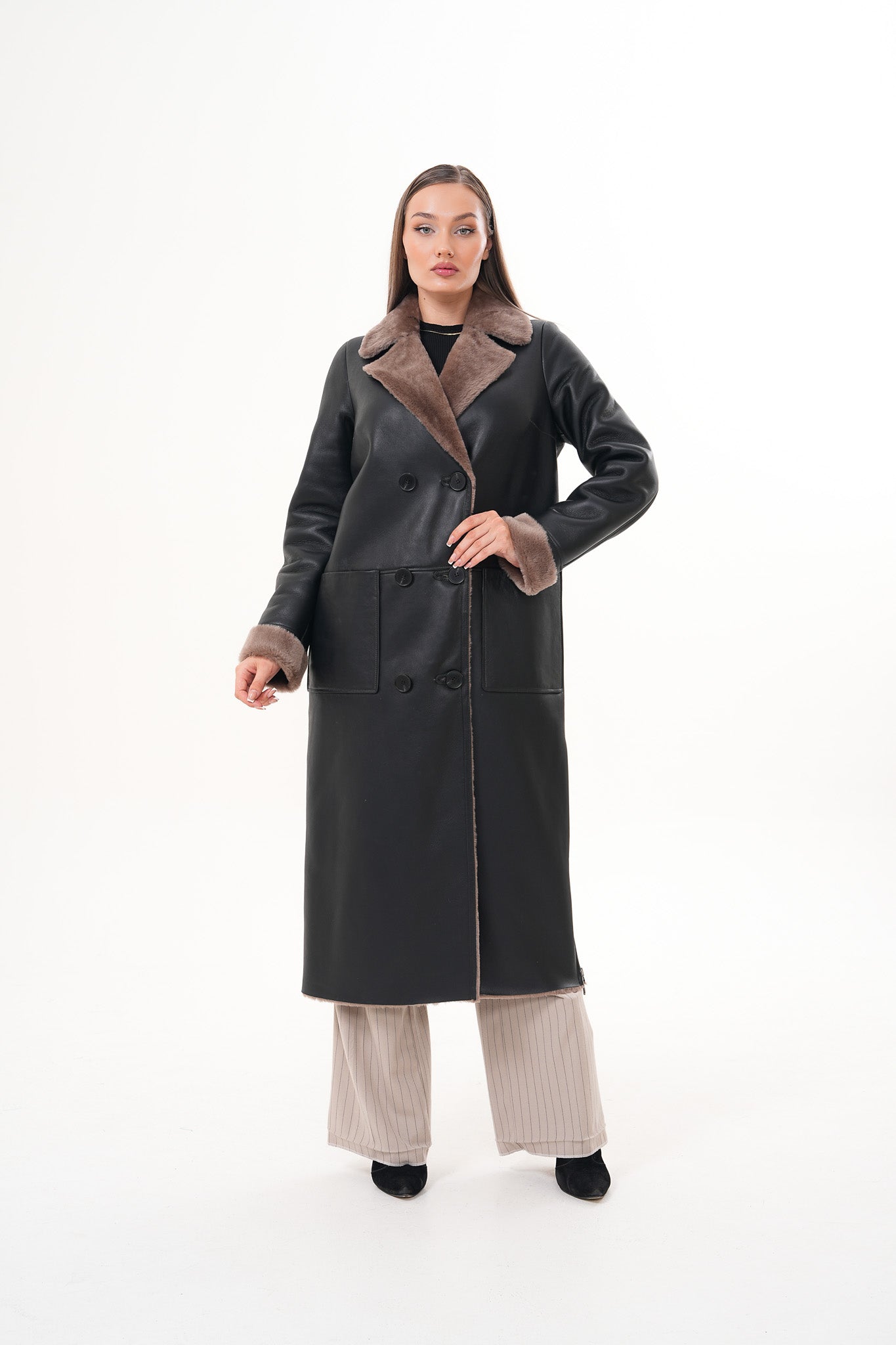 The Florence Long Shearling Black Leather Jacket - Vinci Leather