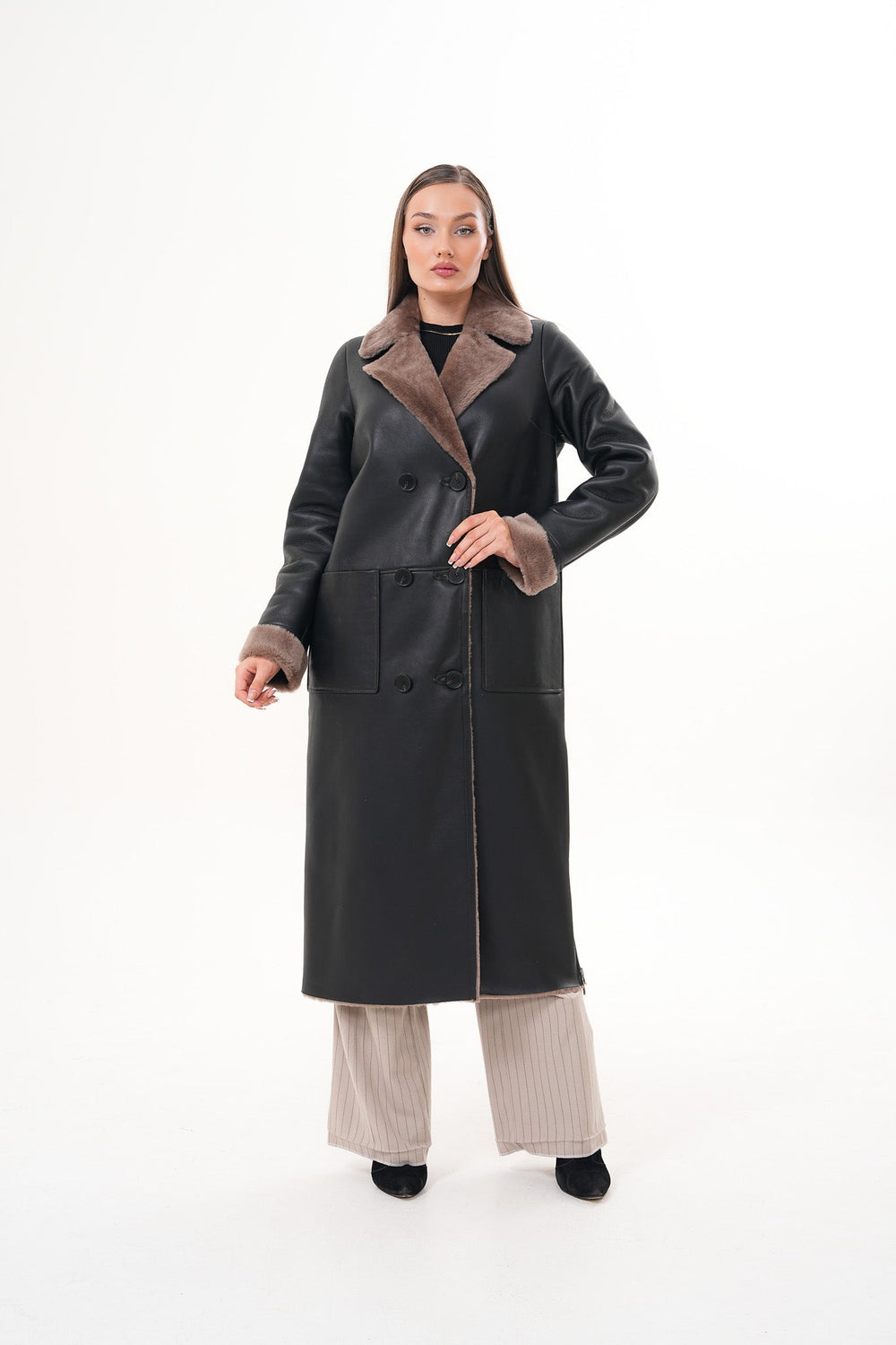 The Florence Long Shearling Black Leather Jacket - Vinci Leather
