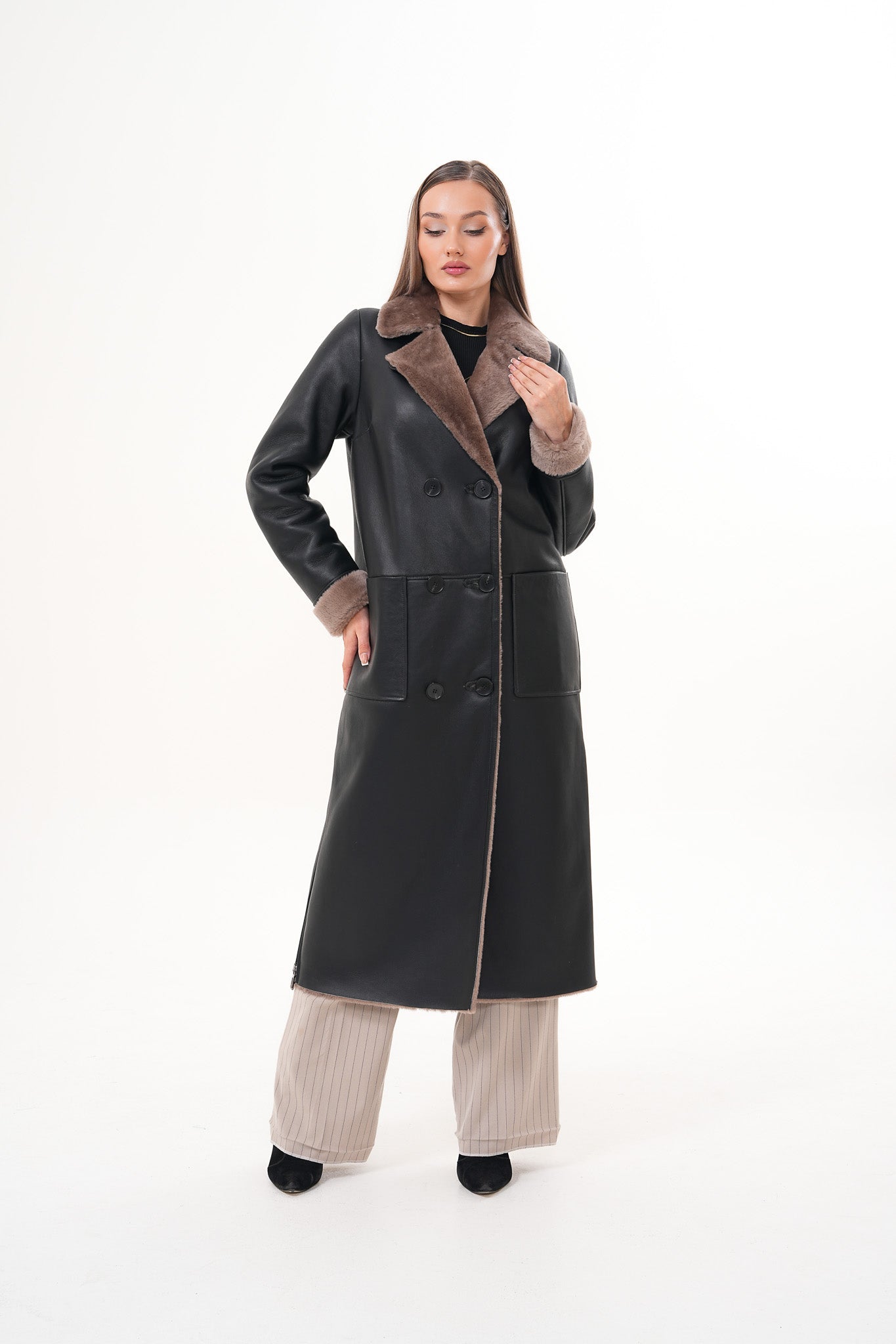 The Florence Long Shearling Black Leather Jacket - Vinci Leather