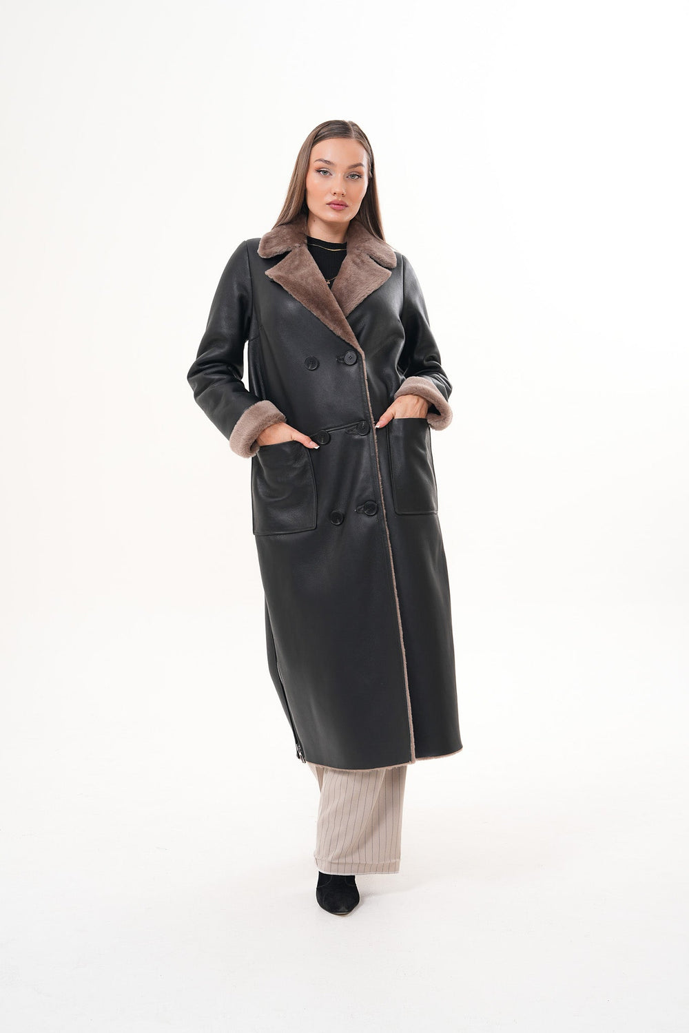 The Florence Long Shearling Black Leather Jacket - Vinci Leather
