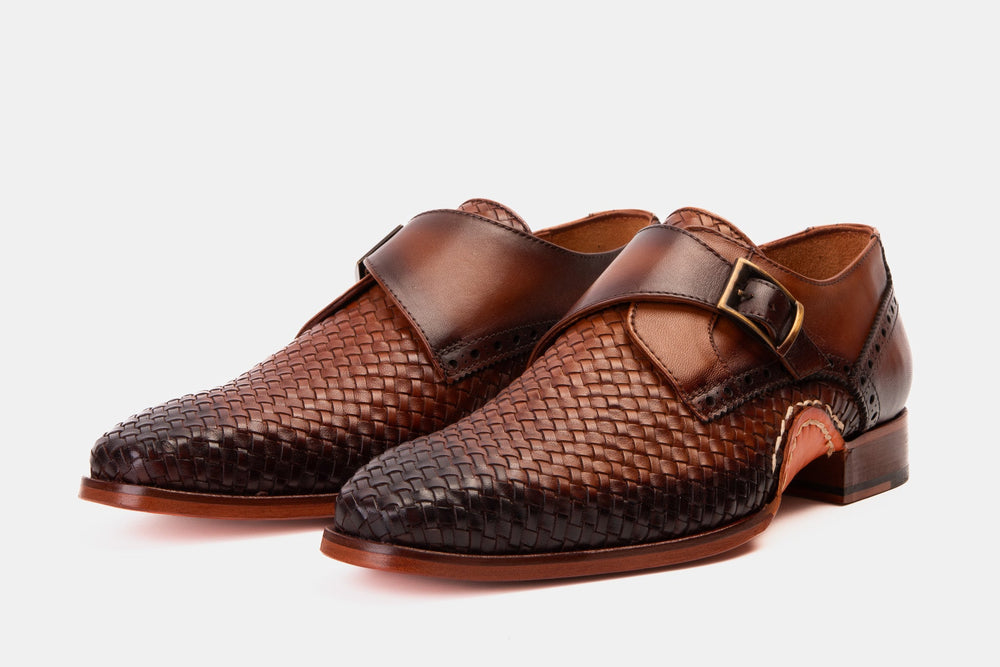 The Rolls  Woven Tan Leather Single Monk Strap  Handmade Shoe - Vinci Leather