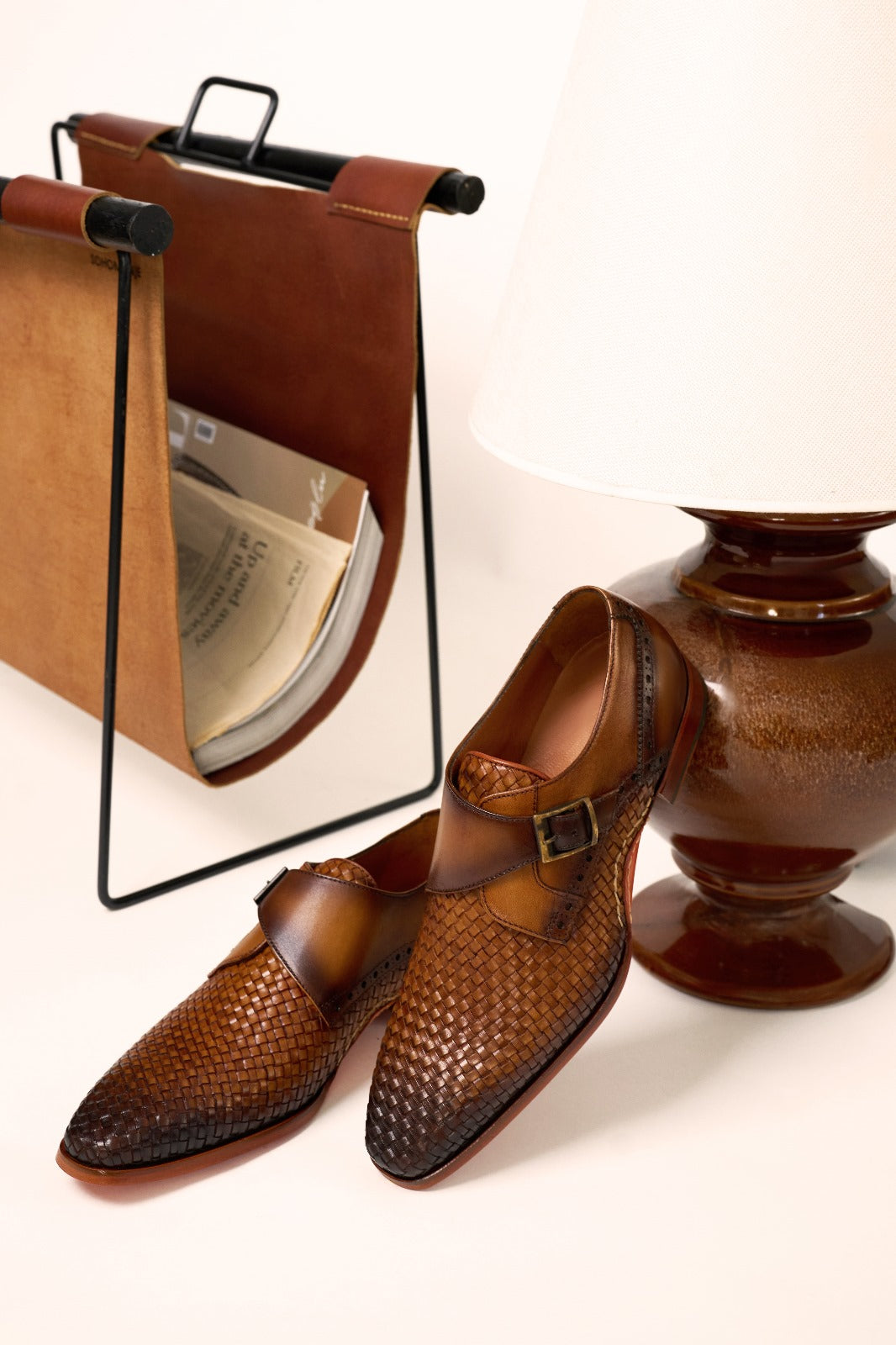 The Rolls  Woven Tan Leather Single Monk Strap  Handmade Shoe - Vinci Leather
