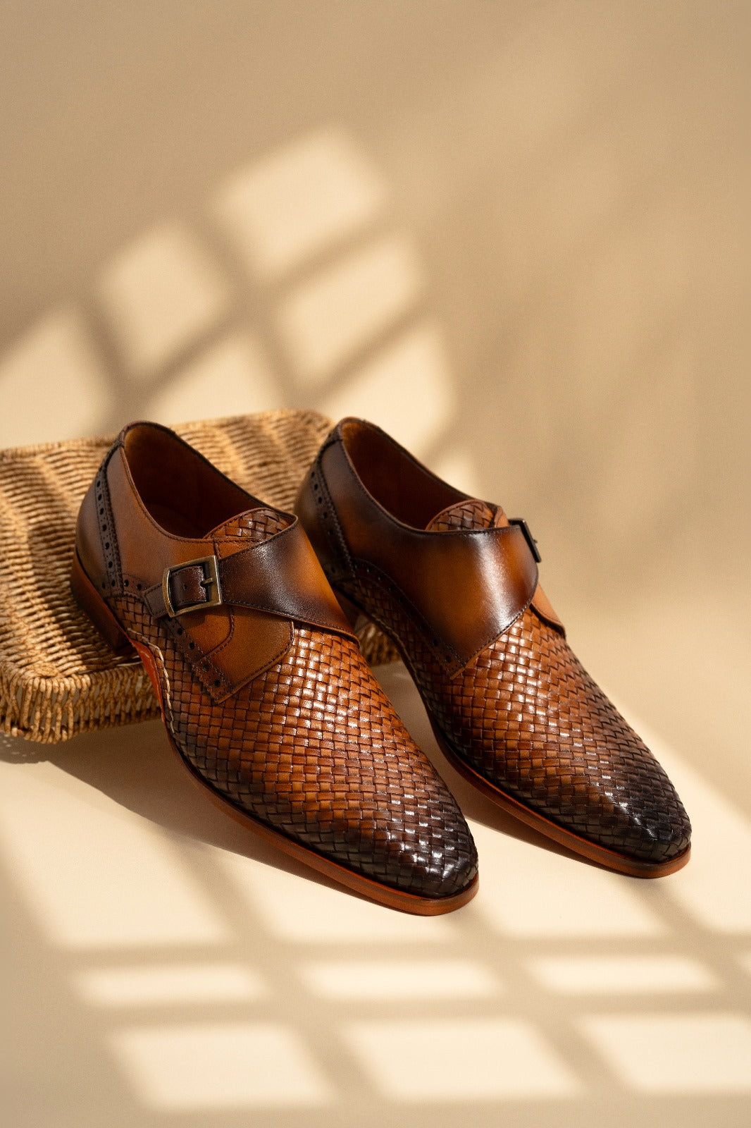 The Rolls  Woven Tan Leather Single Monk Strap  Handmade Shoe - Vinci Leather
