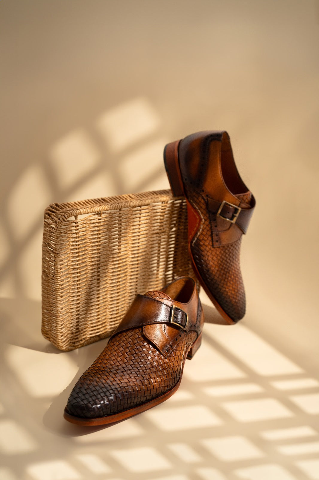 The Rolls  Woven Tan Leather Single Monk Strap  Handmade Shoe - Vinci Leather