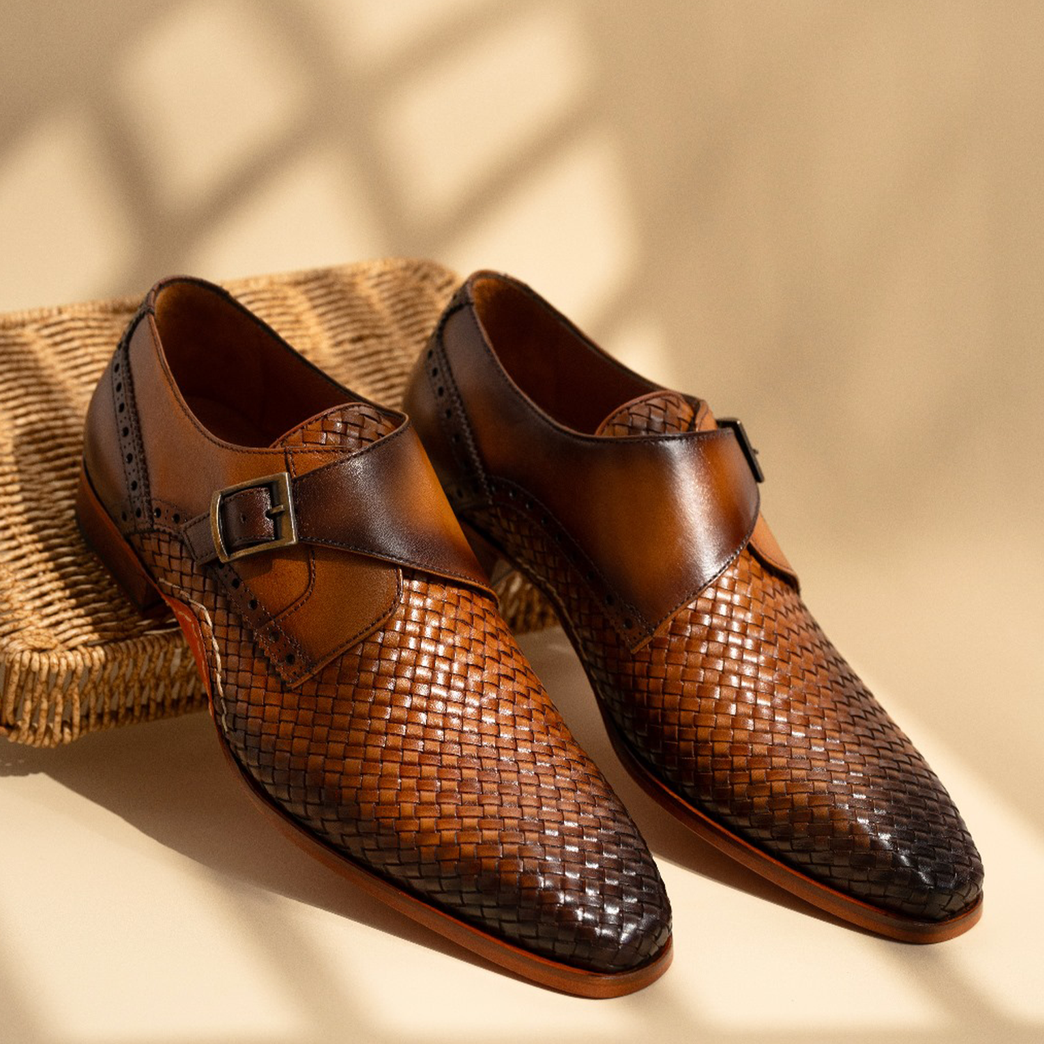 The Rolls  Woven Tan Leather Single Monk Strap  Handmade Shoe - Vinci Leather