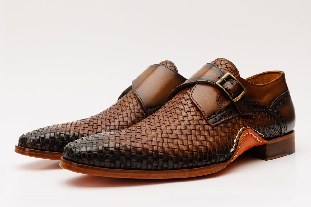 The Rolls  Woven Tan Leather Single Monk Strap  Handmade Shoe - Vinci Leather