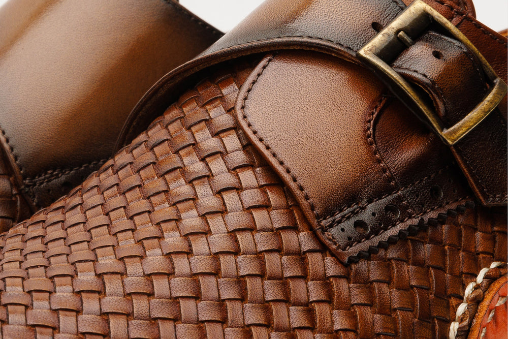 The Rolls  Woven Tan Leather Single Monk Strap  Handmade Shoe - Vinci Leather