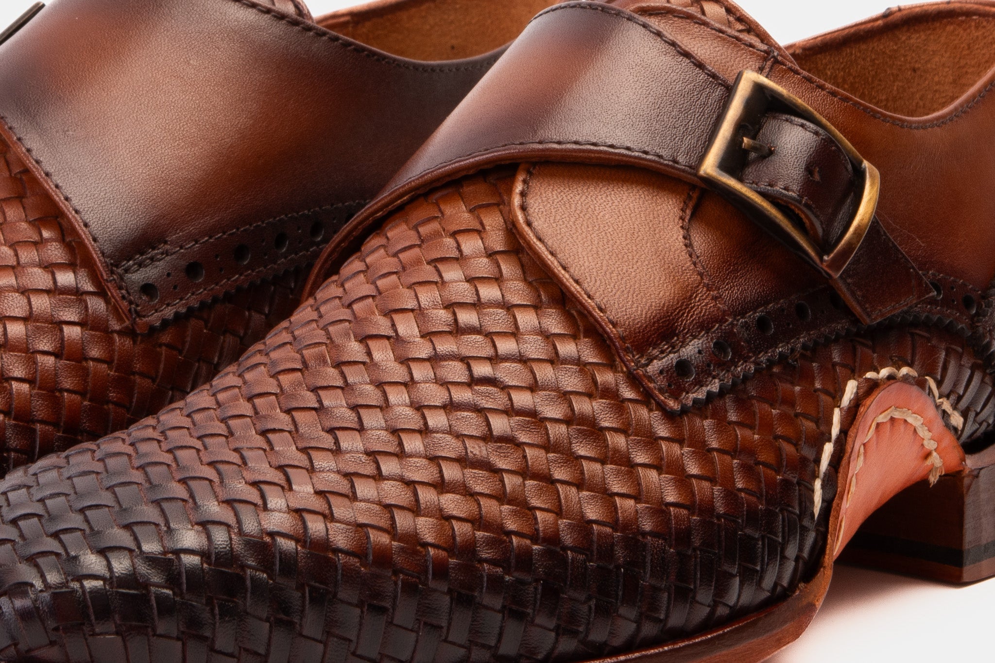 The Rolls  Woven Tan Leather Single Monk Strap  Handmade Shoe - Vinci Leather
