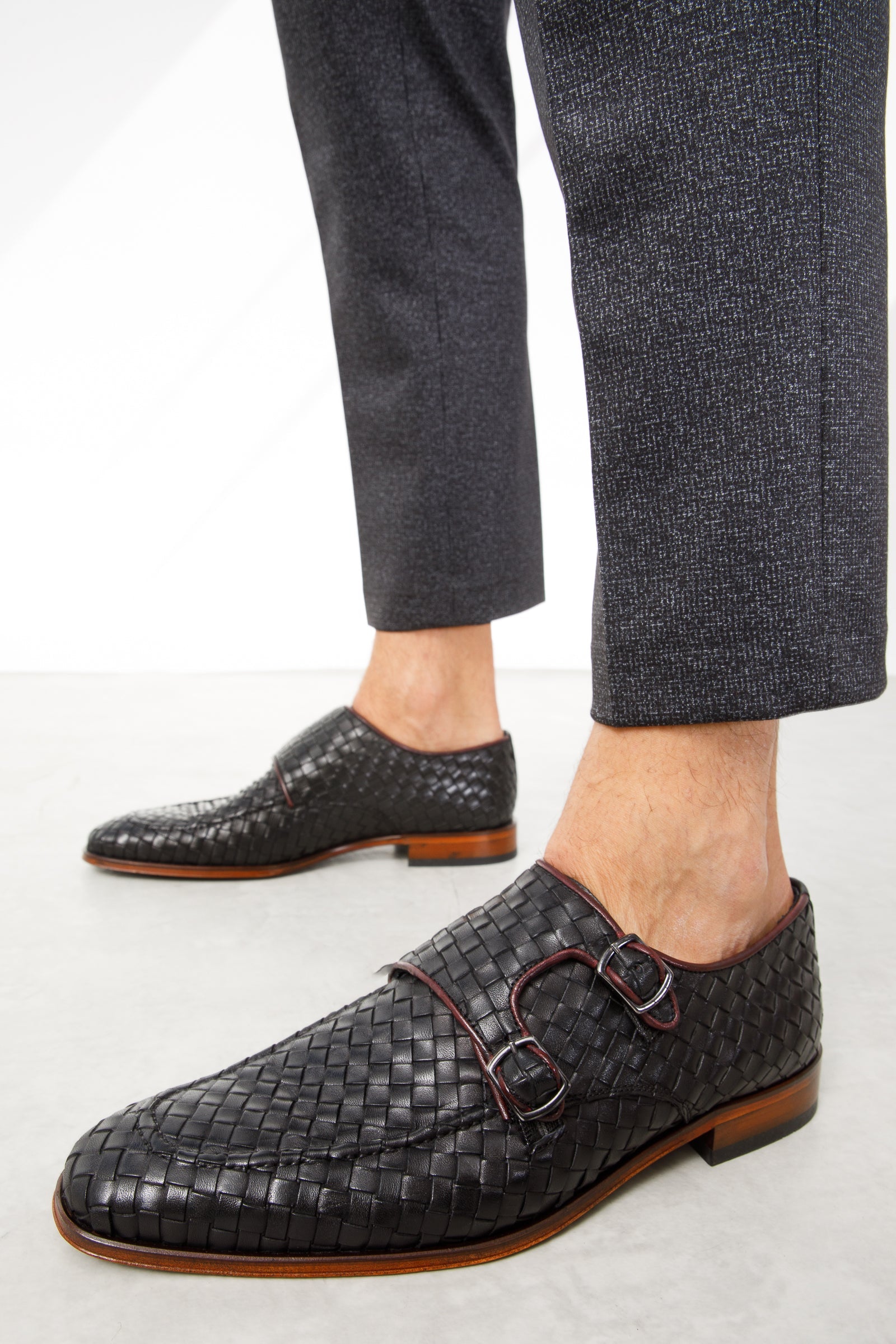 The Turan Black Woven Double Monk Strap Dress Shoe - Vinci Leather