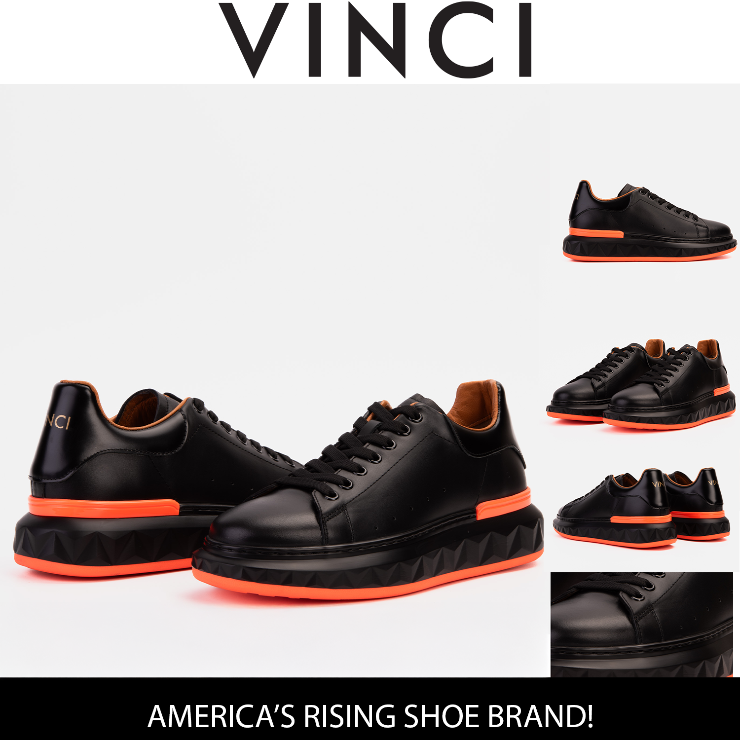The Linq  Black Orange Leather Sneaker - Vinci Leather