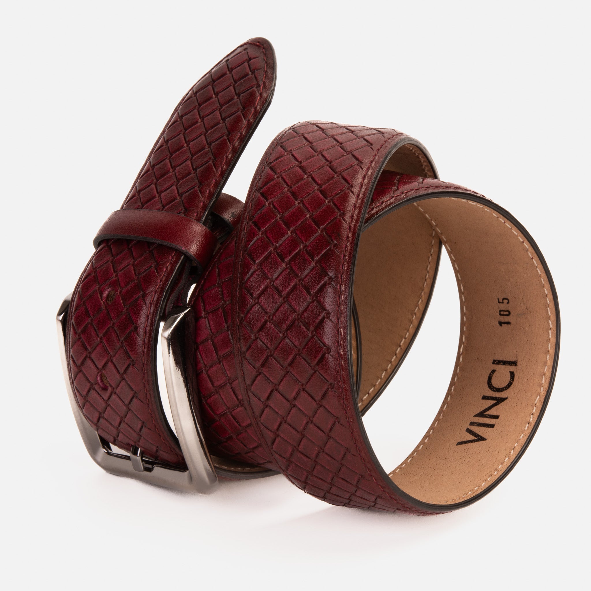 The Layla Burgundy Woven Pattern Leather Belt - Vinci Leather