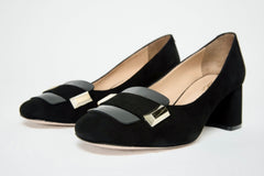 The Olney Black Suede Leather Block Heel Pump Shoe - Vinci Leather