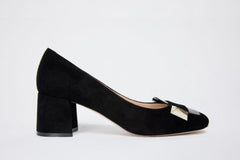 The Olney Black Suede Leather Block Heel Pump Shoe - Vinci Leather