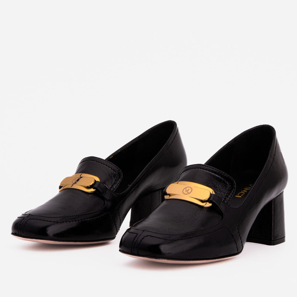The Victoria Black Leather Block Heel Pump Shoe - Vinci Leather