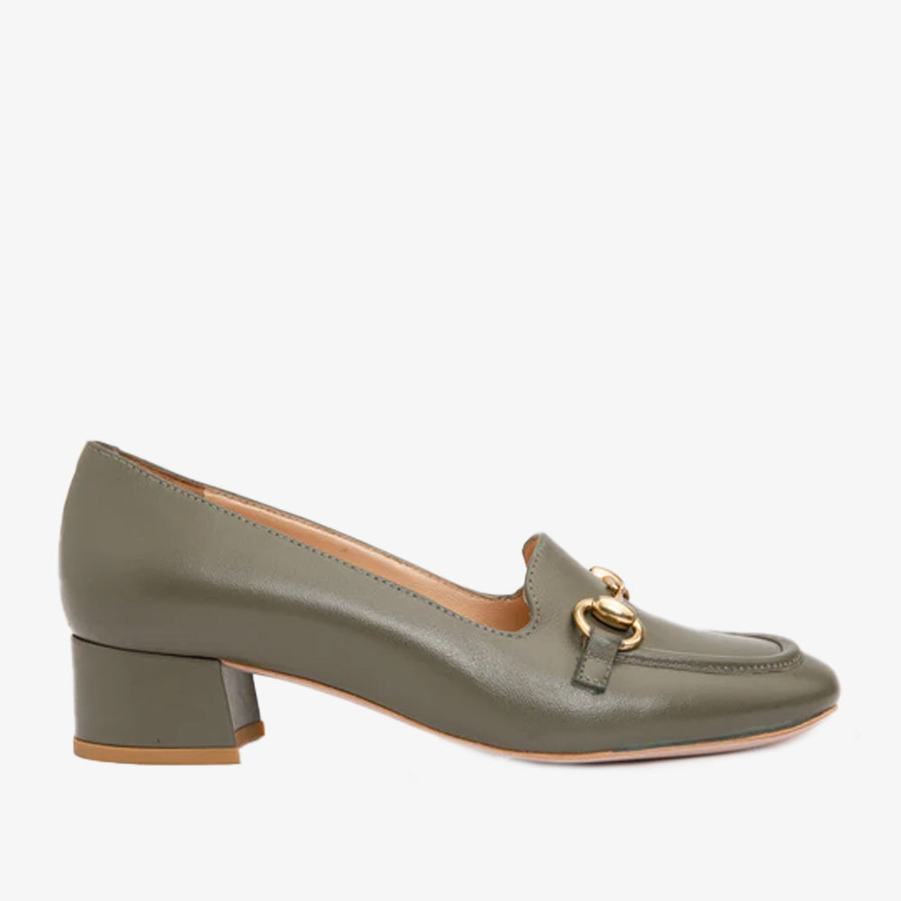 The Delhi Green Leather Block Heel Pump Shoe - Vinci Leather