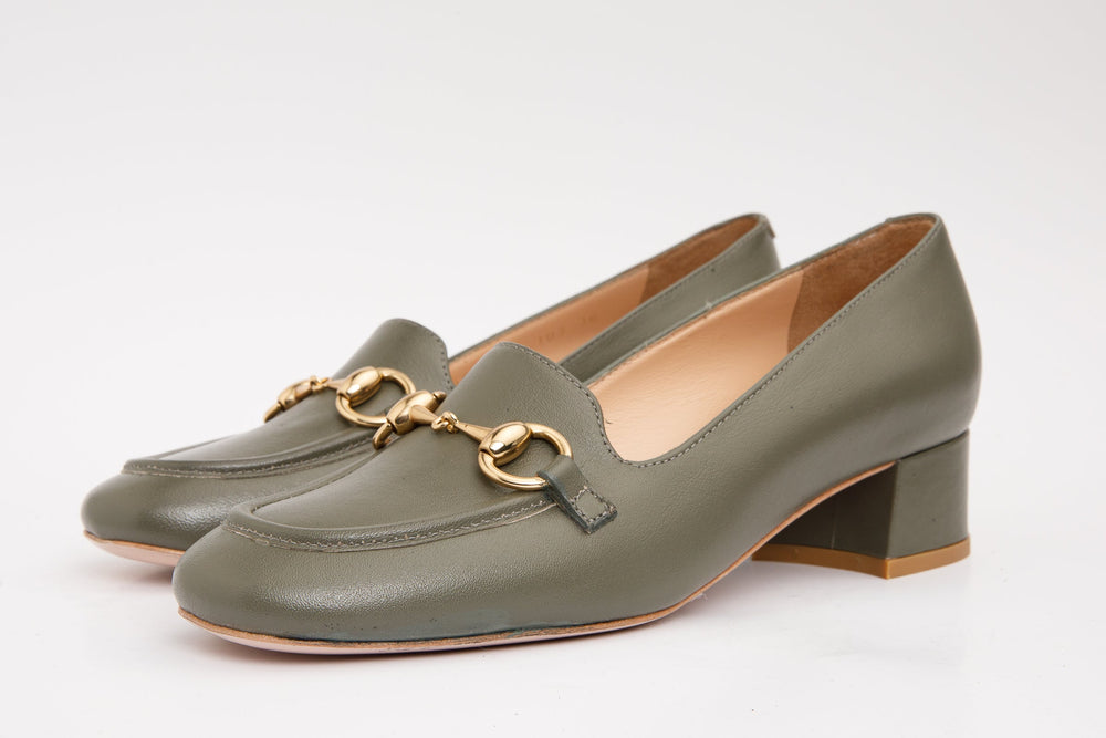 The Delhi Green Leather Block Heel Pump Shoe - Vinci Leather