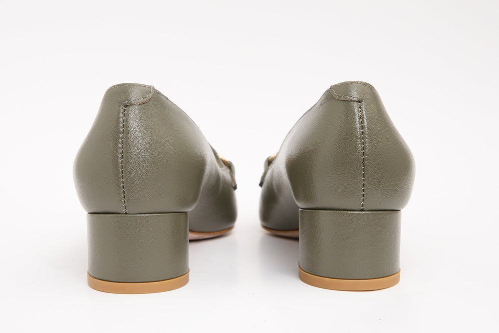 The Delhi Green Leather Block Heel Pump Shoe - Vinci Leather