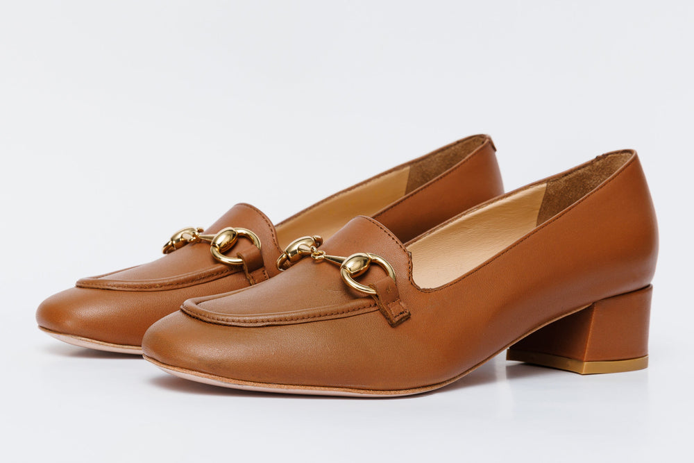 The Delhi Brown Leather Block Heel Pump Shoe - Vinci Leather