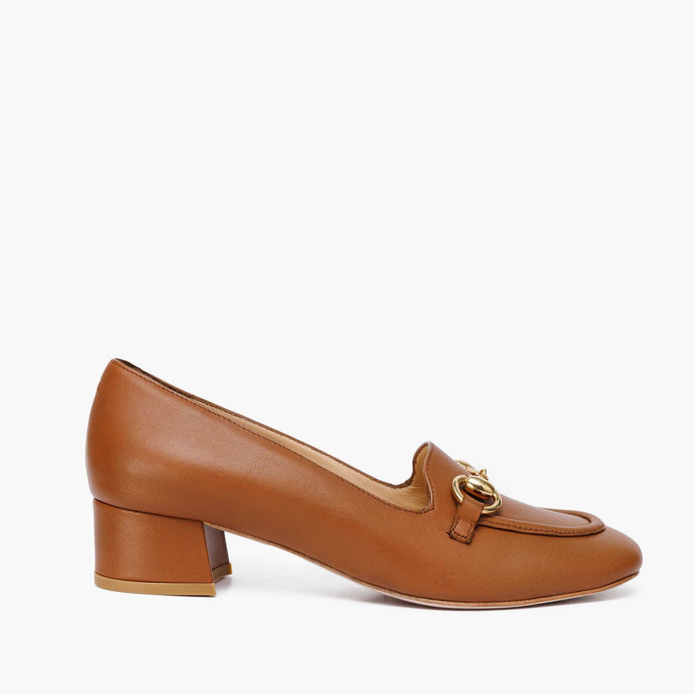 The Delhi Brown Leather Block Heel Pump Shoe - Vinci Leather