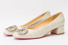 The Foggia Beige Leather Block Heel Pump Shoe - Vinci Leather