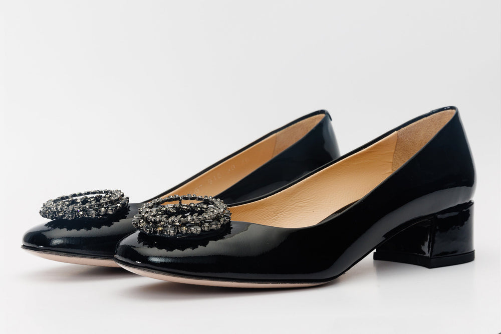 The Danish Black Patent Leather Block Heel Pump Shoe - Vinci Leather