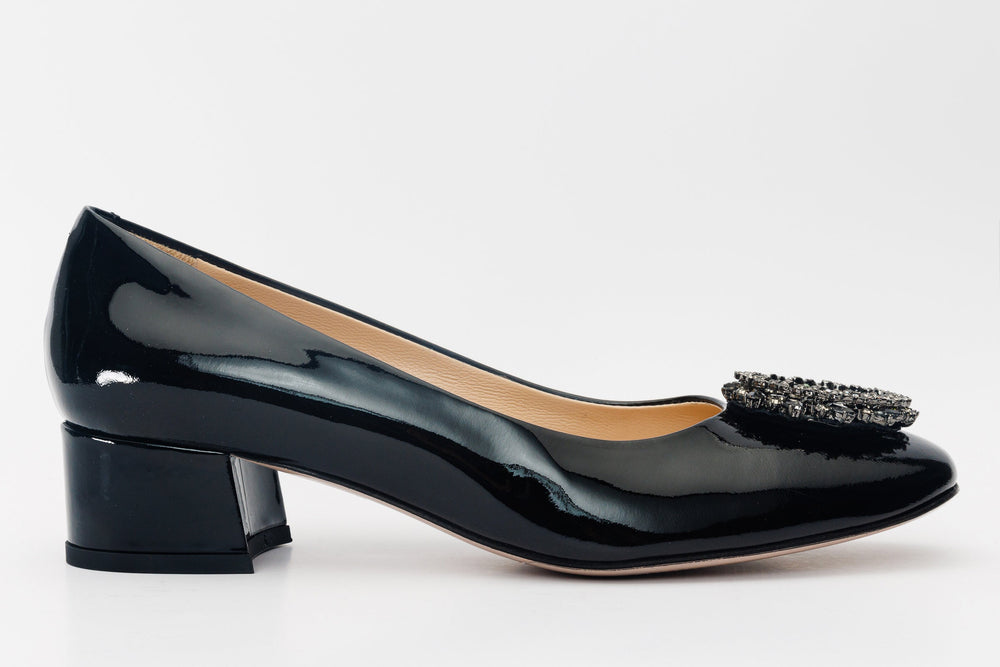 The Danish Black Patent Leather Block Heel Pump Shoe - Vinci Leather