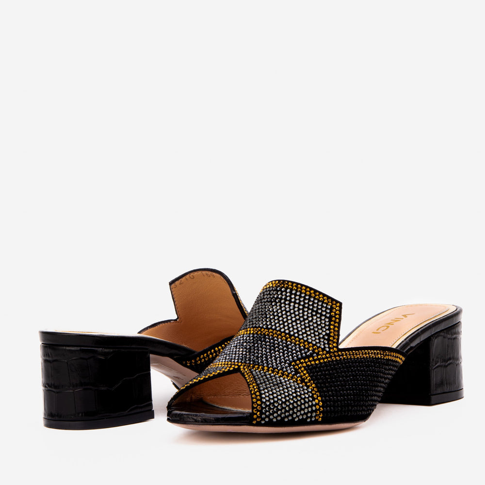 The Magnolia Black Glitter Leather Sandal - Vinci Leather