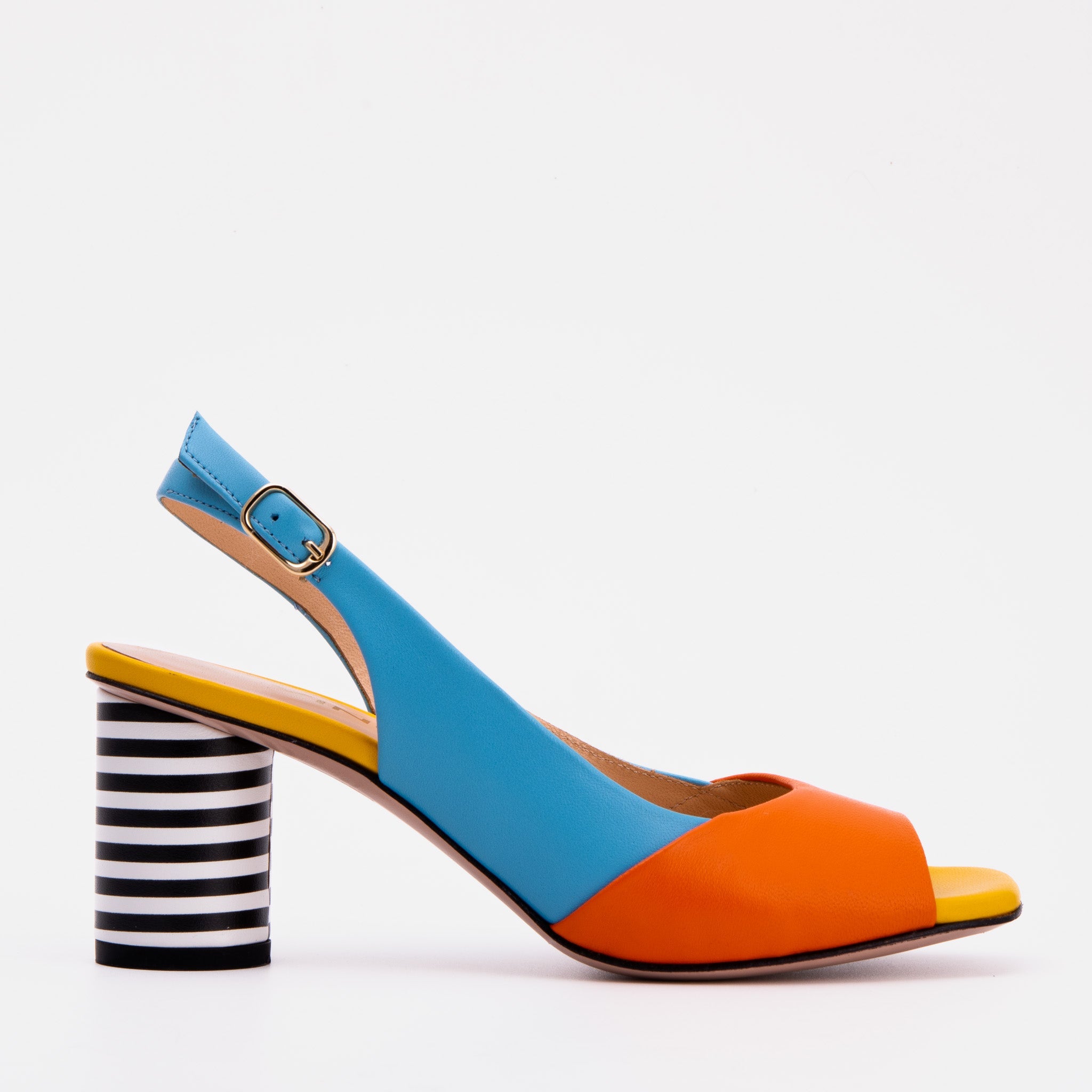 The Spectrum Blue \/ Orange Block Heel Leather Sandal - Vinci Leather