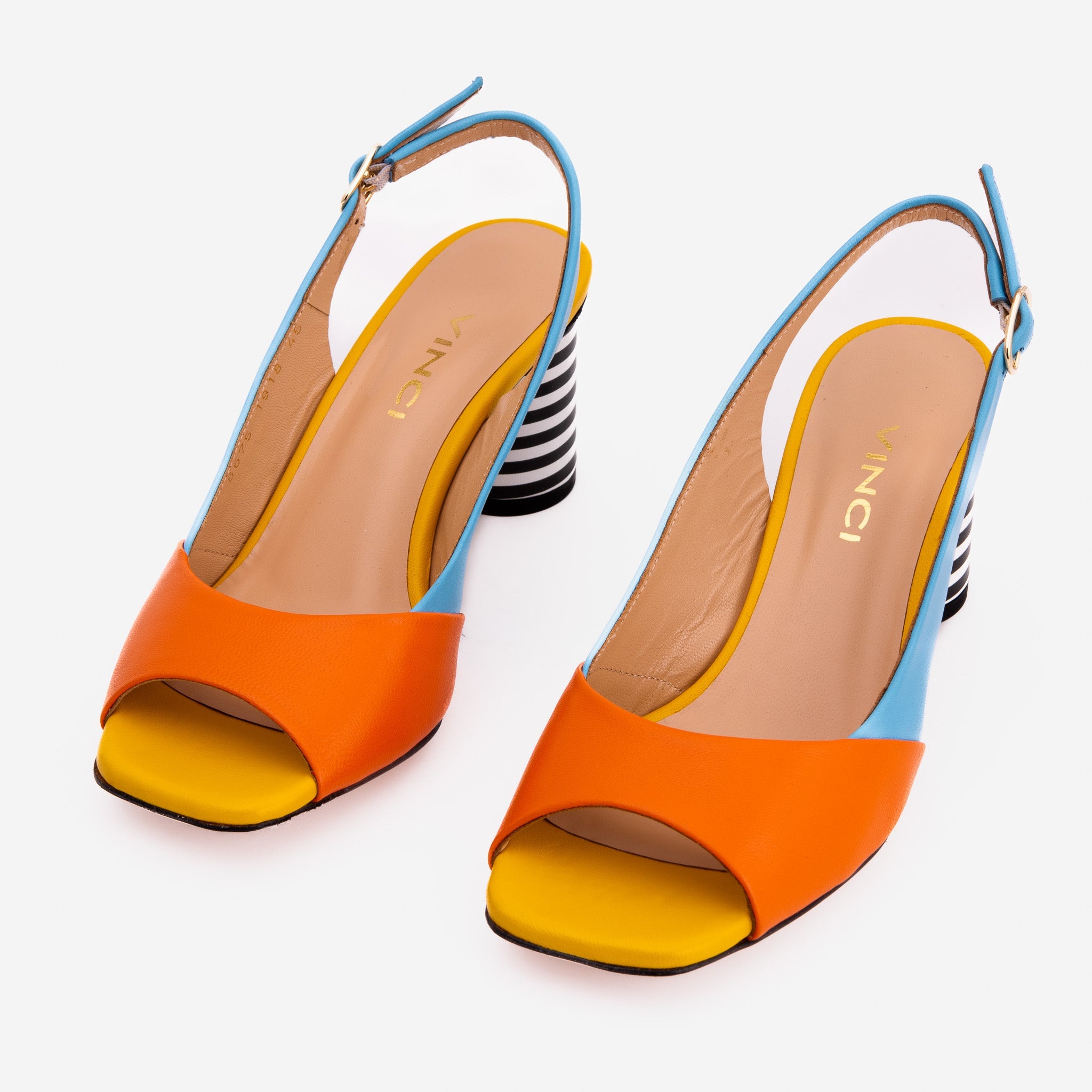 The Spectrum Blue \/ Orange Block Heel Leather Sandal - Vinci Leather