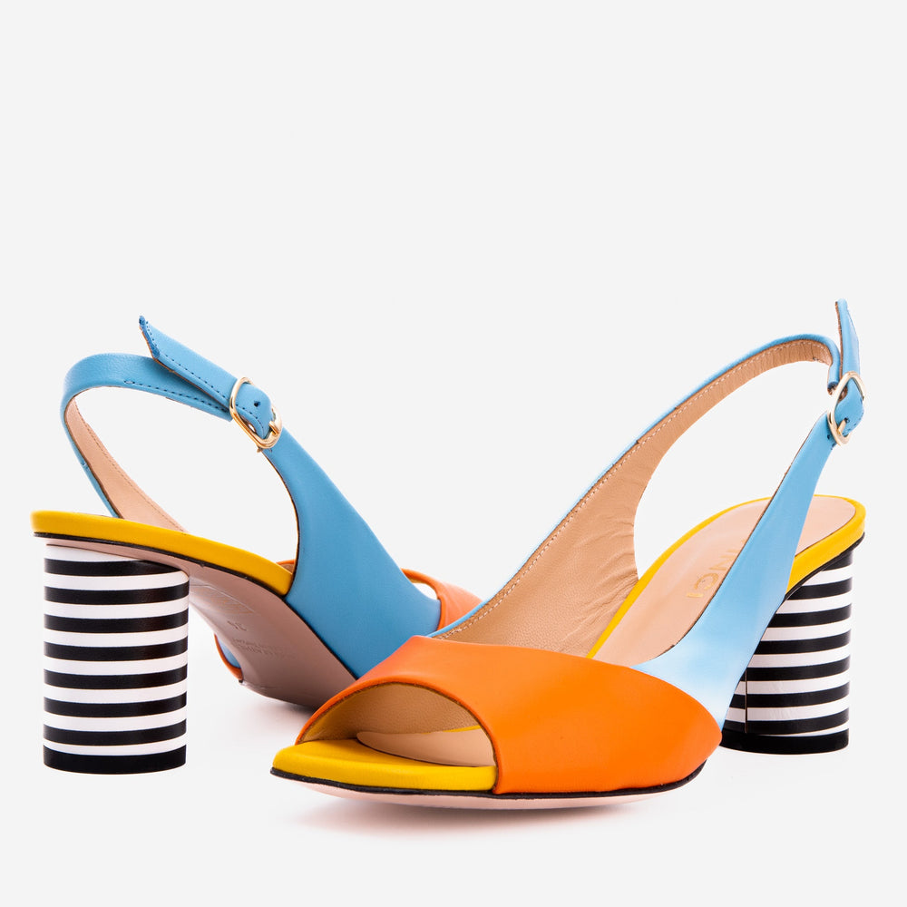 The Spectrum Blue \/ Orange Block Heel Leather Sandal - Vinci Leather