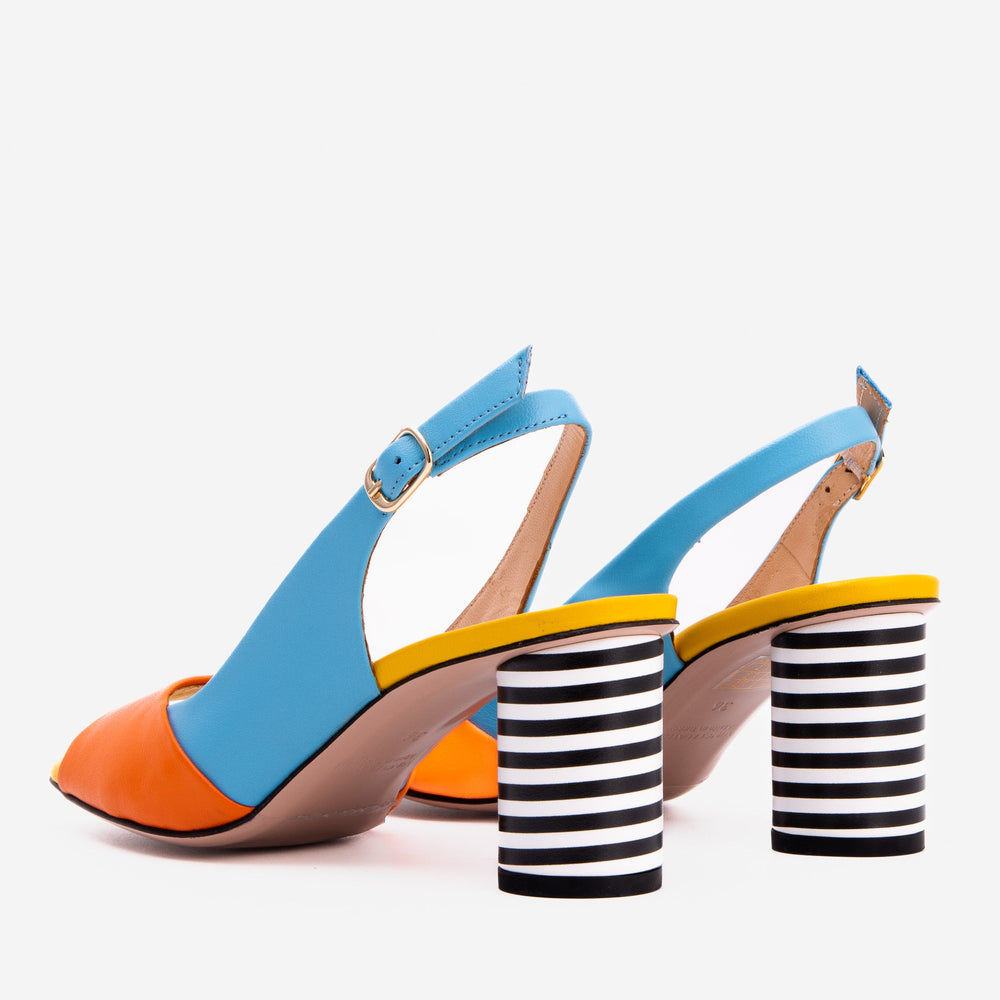 The Spectrum Blue \/ Orange Block Heel Leather Sandal - Vinci Leather